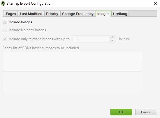 Screaming Frog XML sitemap export configuration images tab