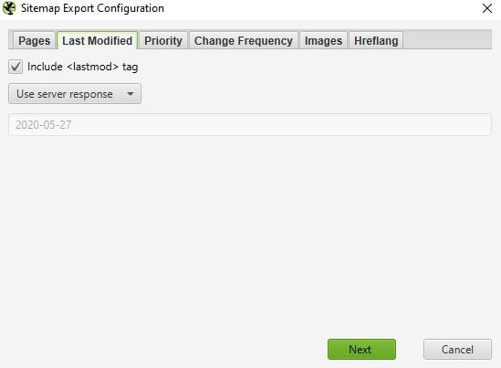 Screaming Frog XML sitemap export configuration last modified tab