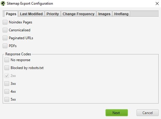 Screaming Frog XML sitemap export configuration pages tab
