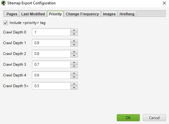 Screaming Frog XML sitemap export configuration priority tab