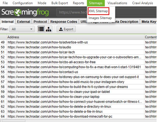 Screaming Frog XML Sitemap generator